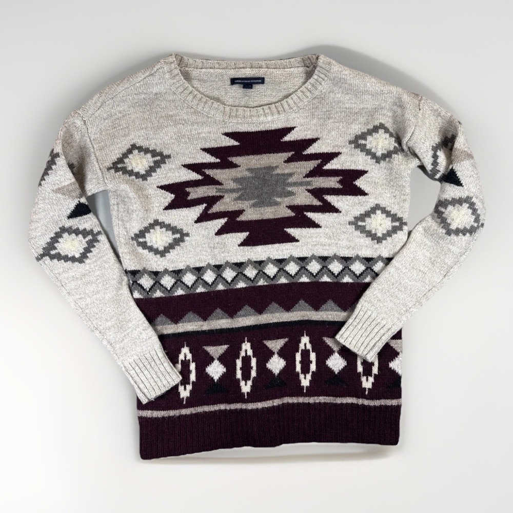 American Eagle Sweater Women's XS Aztec Southwest Wool Blend‎ Cream Crewneck